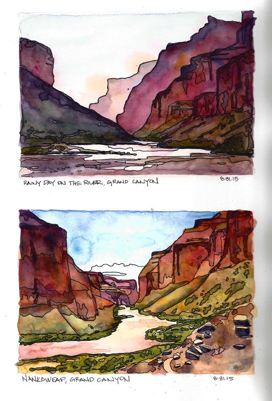 watercolors painted in a notebook by stacey egan from her grand canyon rafting trip