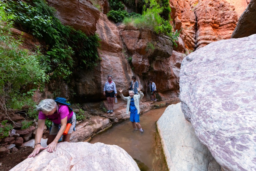 people cross a creek in a side canyon in Grand Canyon and a man acts excited