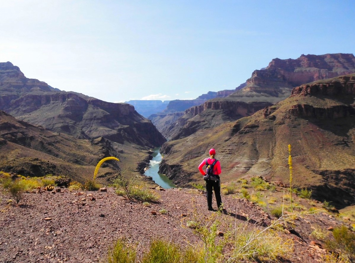 A woman looks down at the Colorado River while hiking in Grand Canyon National Park. Photo credit: Andreas Bornmann.