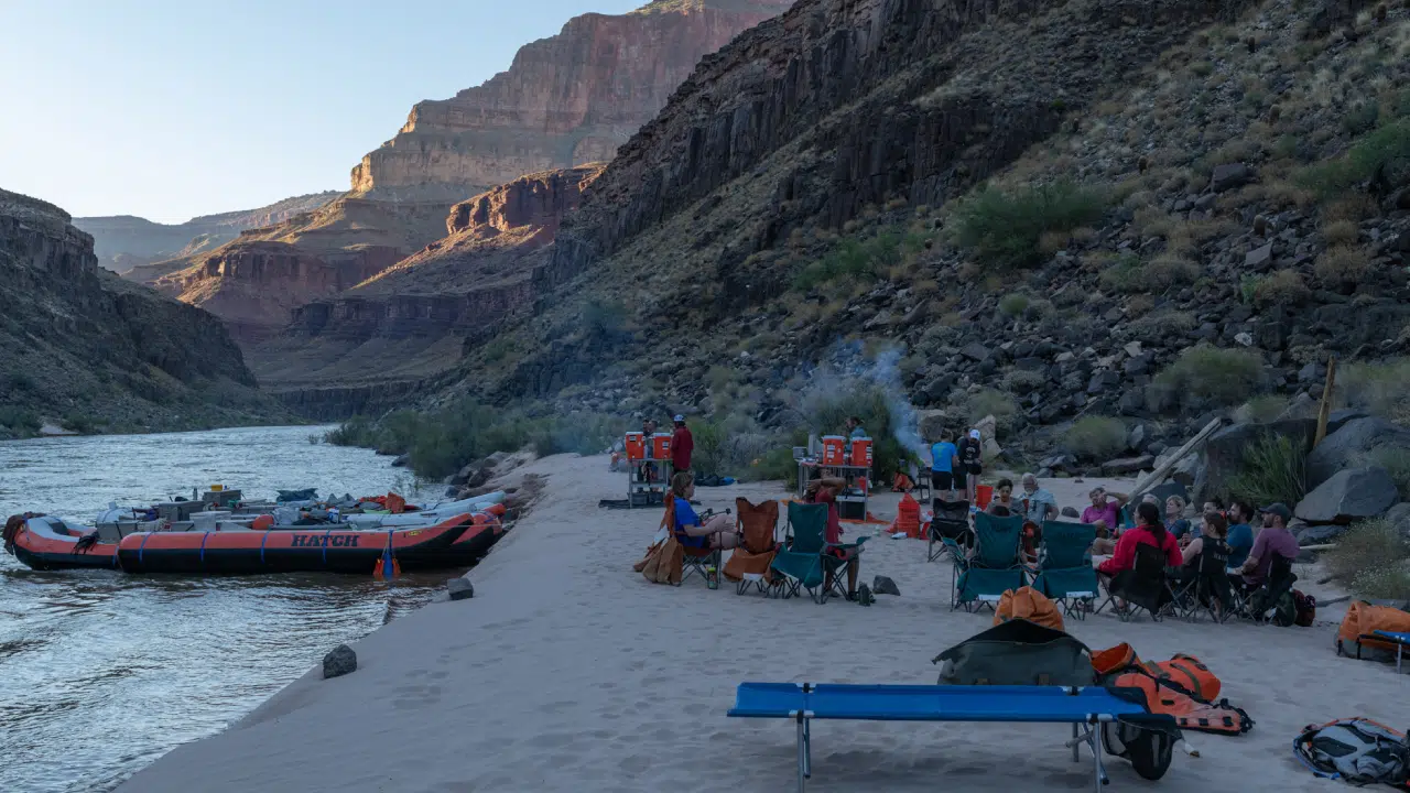 people camping along banks of Colorado River on 4 Day Lower Grand Canyon Motorized Trip with Hatch River Expeditions