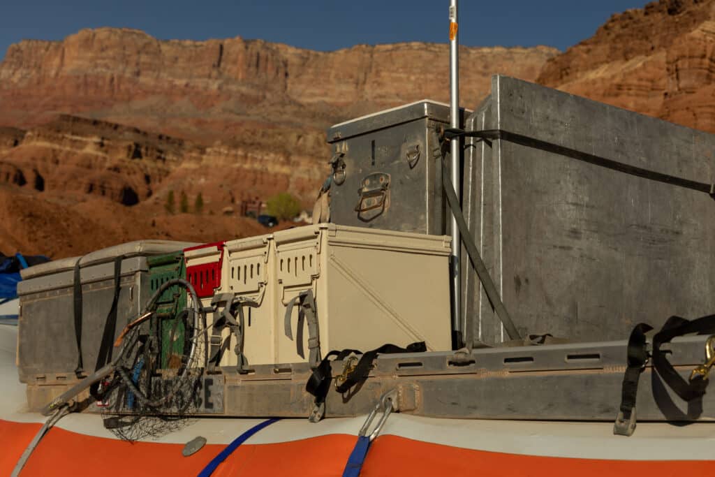 View of swamper box, first aid and motor box on motorized river rafting S-rig.