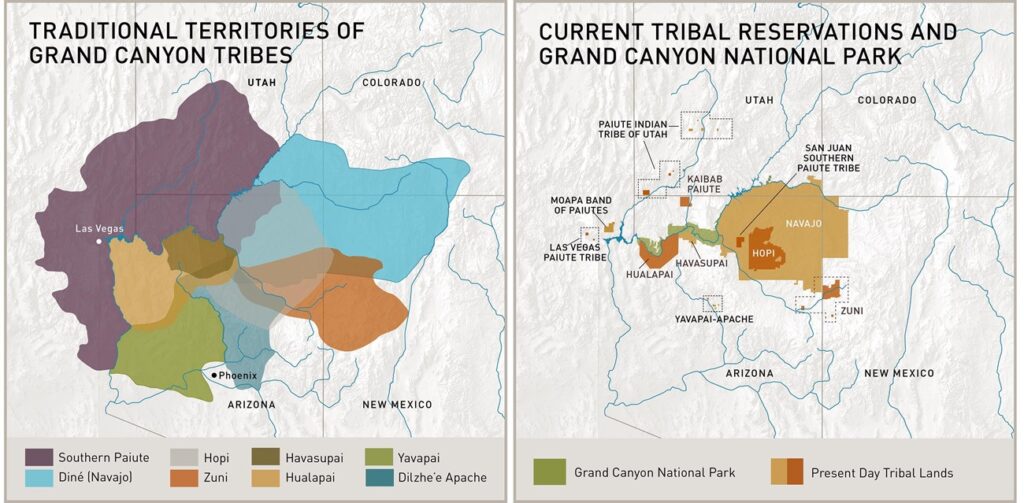 Two maps side by side of Arizona, New Mexico, Colorado, Utah, and Nevada. One depicts the historic territories of the Native American tribes associated with Grand Canyon, and all of them are large and overlap the canyon at some point. The other map shows the modern boundaries of Grand Canyon National Park and the federally recognized tribal lands which are significantly diminished from their historical size.