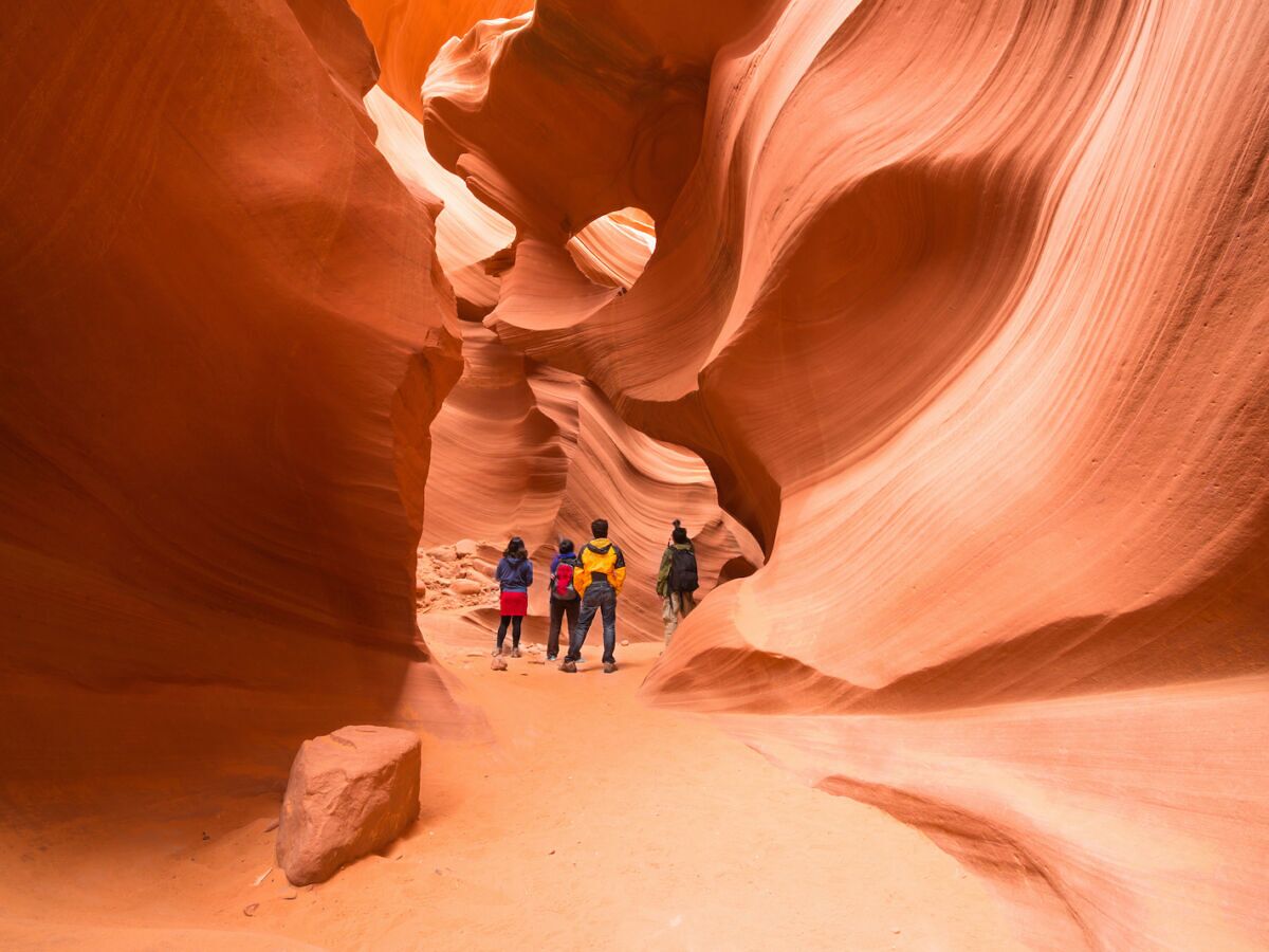 People on a tour of Antelope Canyon, a slot canyon near Page, Arizona. A good point of interest for those driving to Marble Canyon.