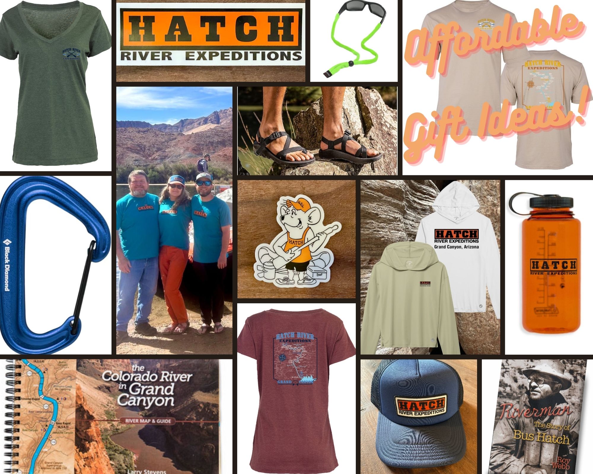 A collage of gift ideas for those who love rafting