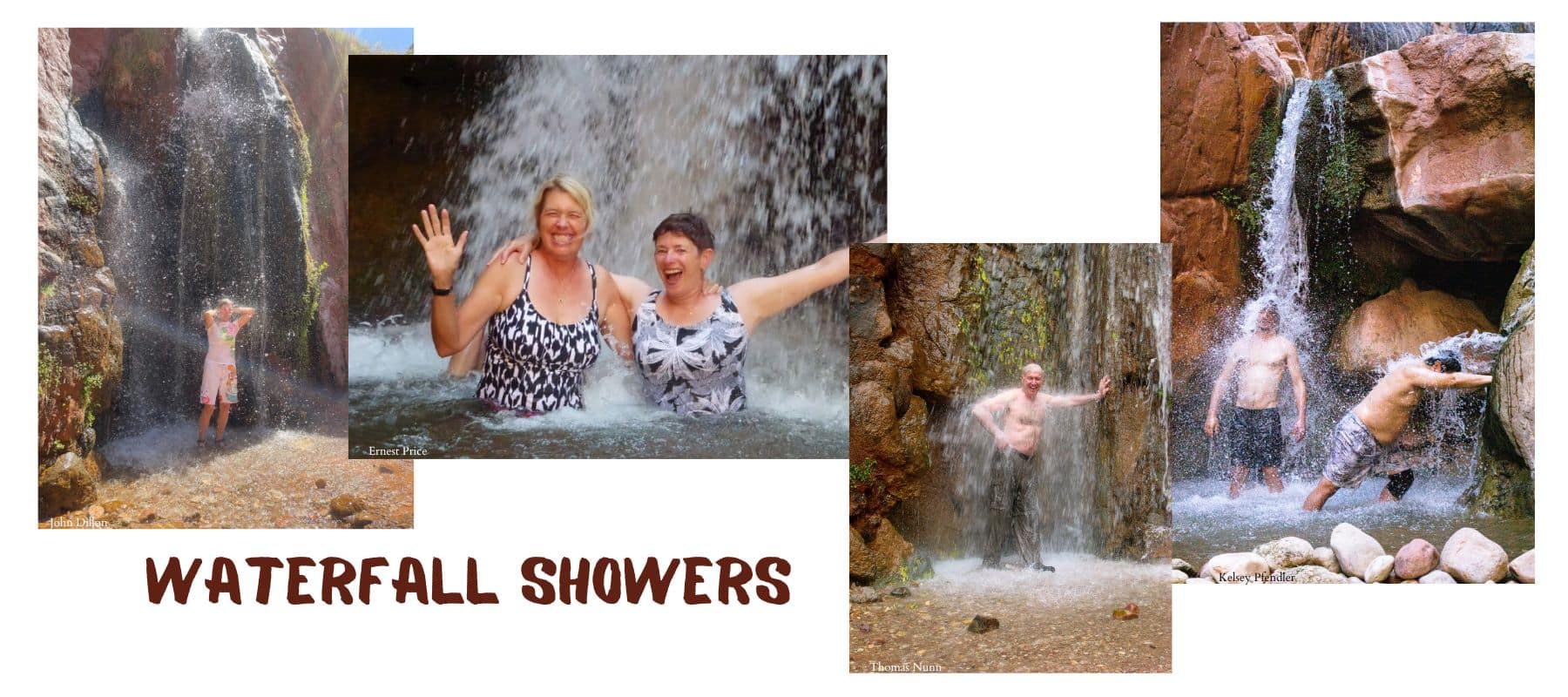 Book now 2026. Collage of people in waterfalls in Grand Canyon that reads "waterfall showers."