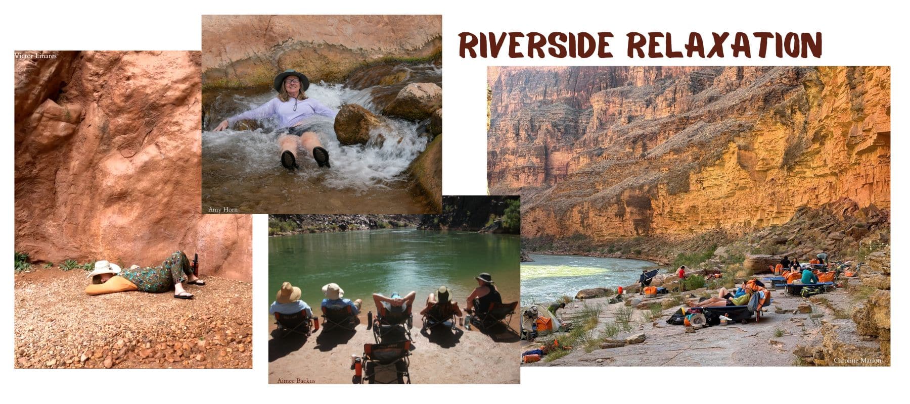 Book now 2026. Collage of people relaxing in or near water in Grand Canyon that reads "Riverside relaxation."