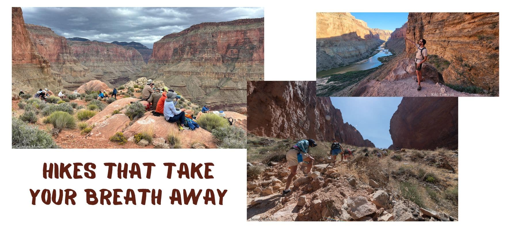 Book now 2026. Collage of people on hikes in Grand Canyon that reads "Hikes that take your breath away."