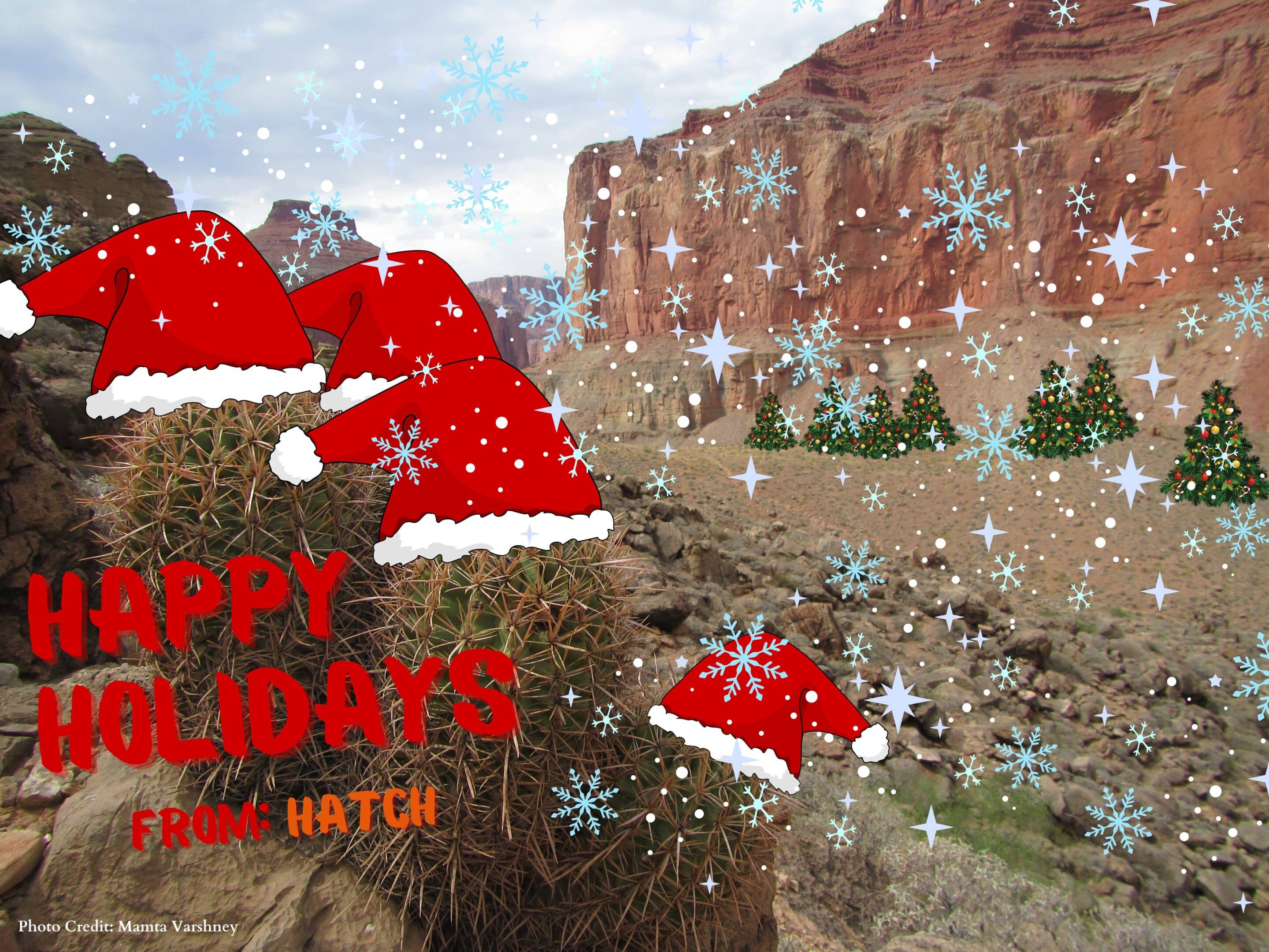 Photo of Grand Canyon adorned with holiday graphics that reads: Happy Holidays from Hatch.