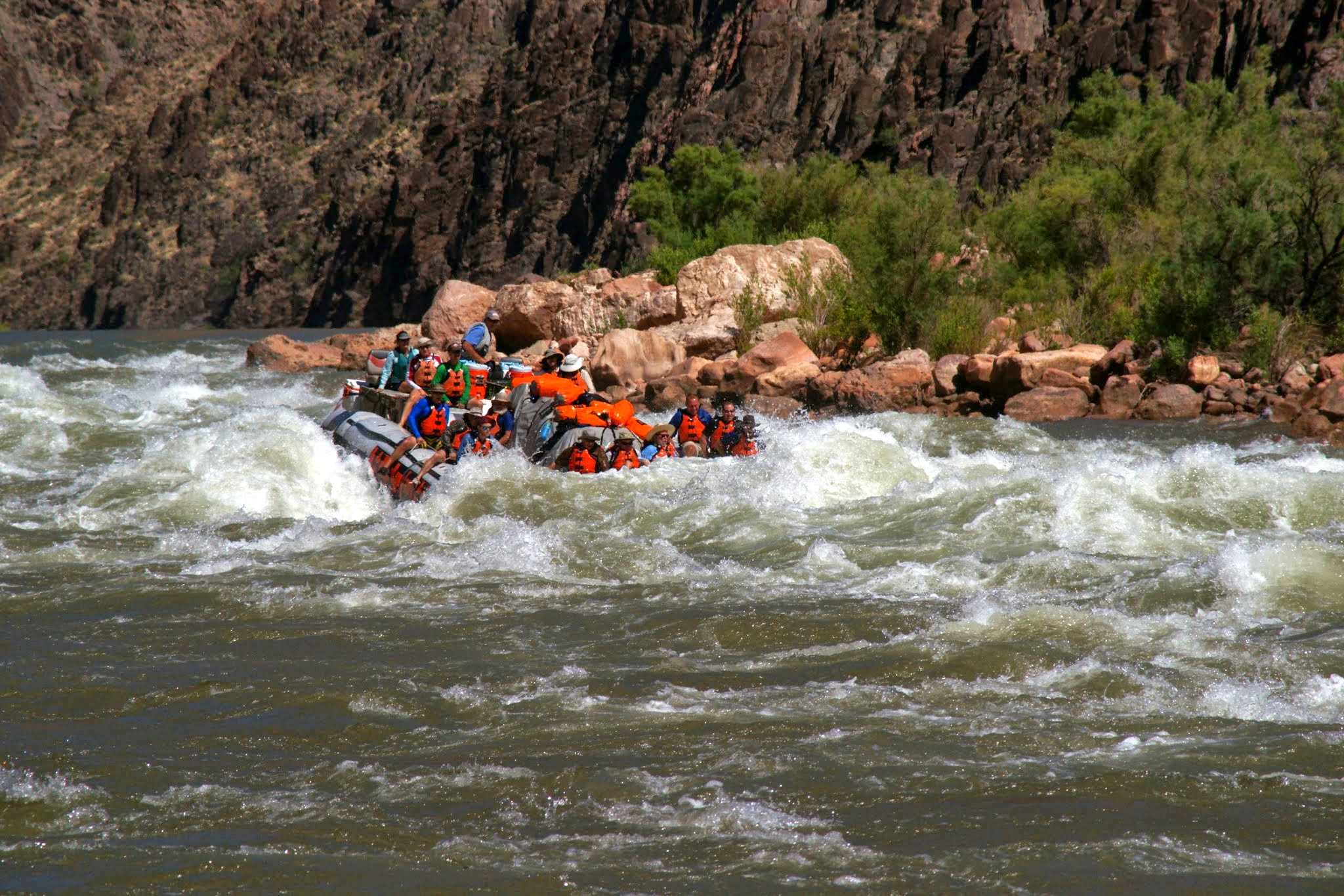 Motor boat on river in june