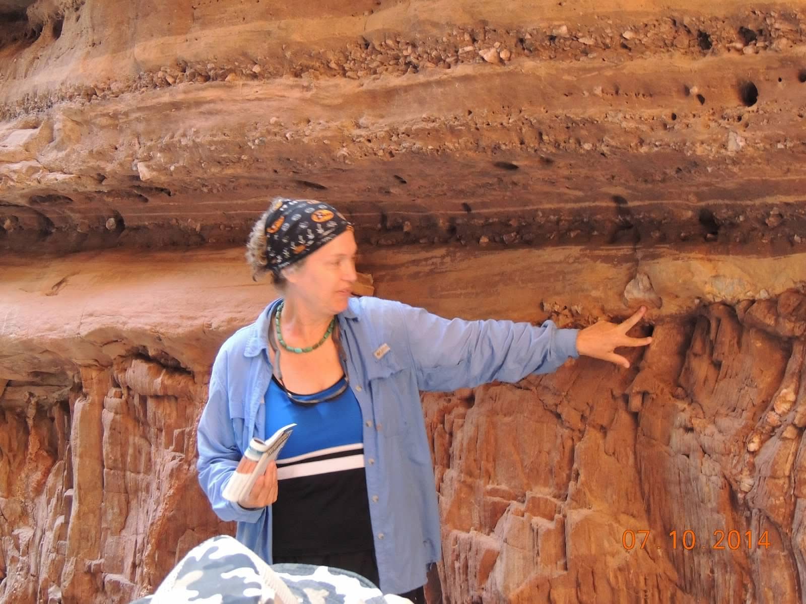 Alison Jones describing the geology of the Great Unconformity in Blacktail Canyon in Grand Canyon.