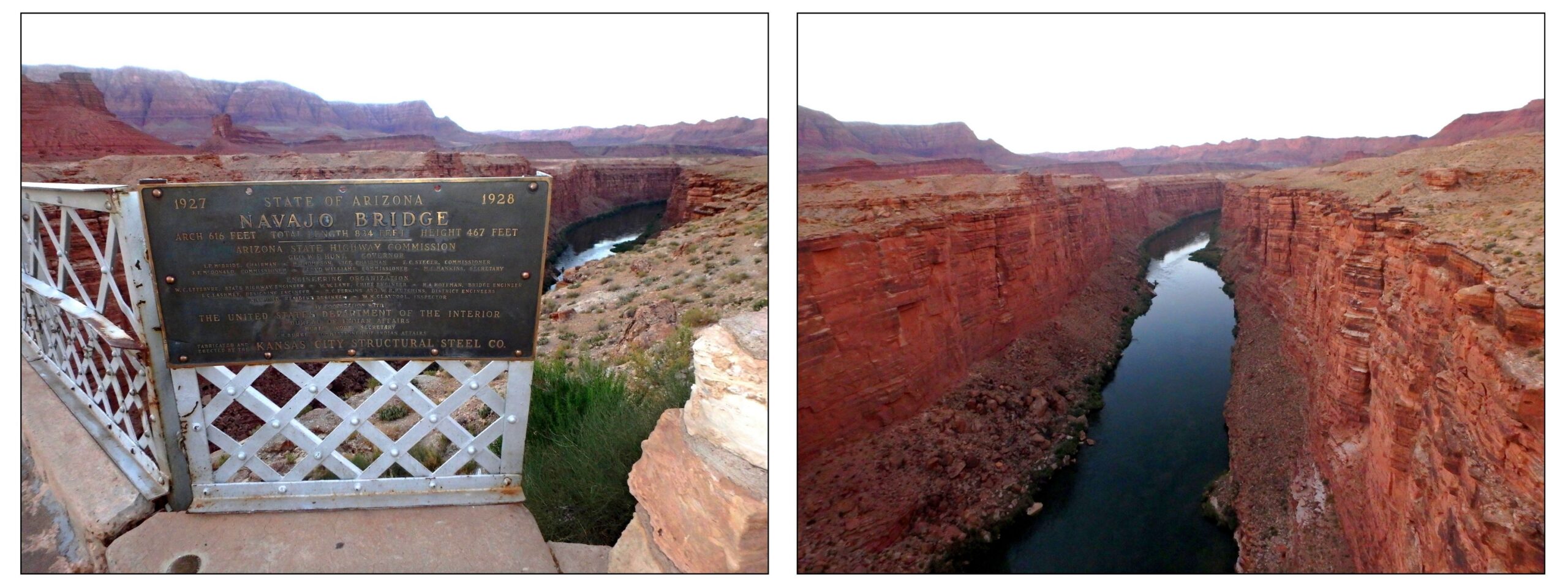Two photos, one with the Navajo Bridge sign, and the other with the view from the bridge into the Grand Canyon. Photo credit: Melissa Yates.