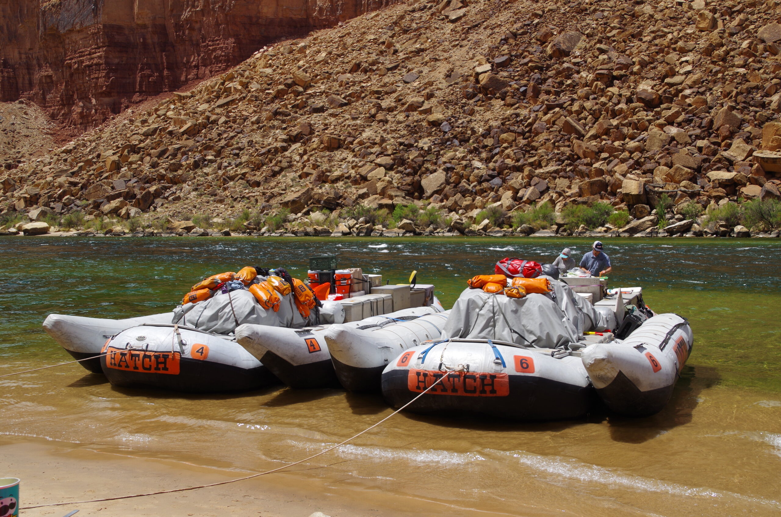 Two Hatch motorized rafts parked at a Grand Canyon beach. Photo credit: John Dillon. 