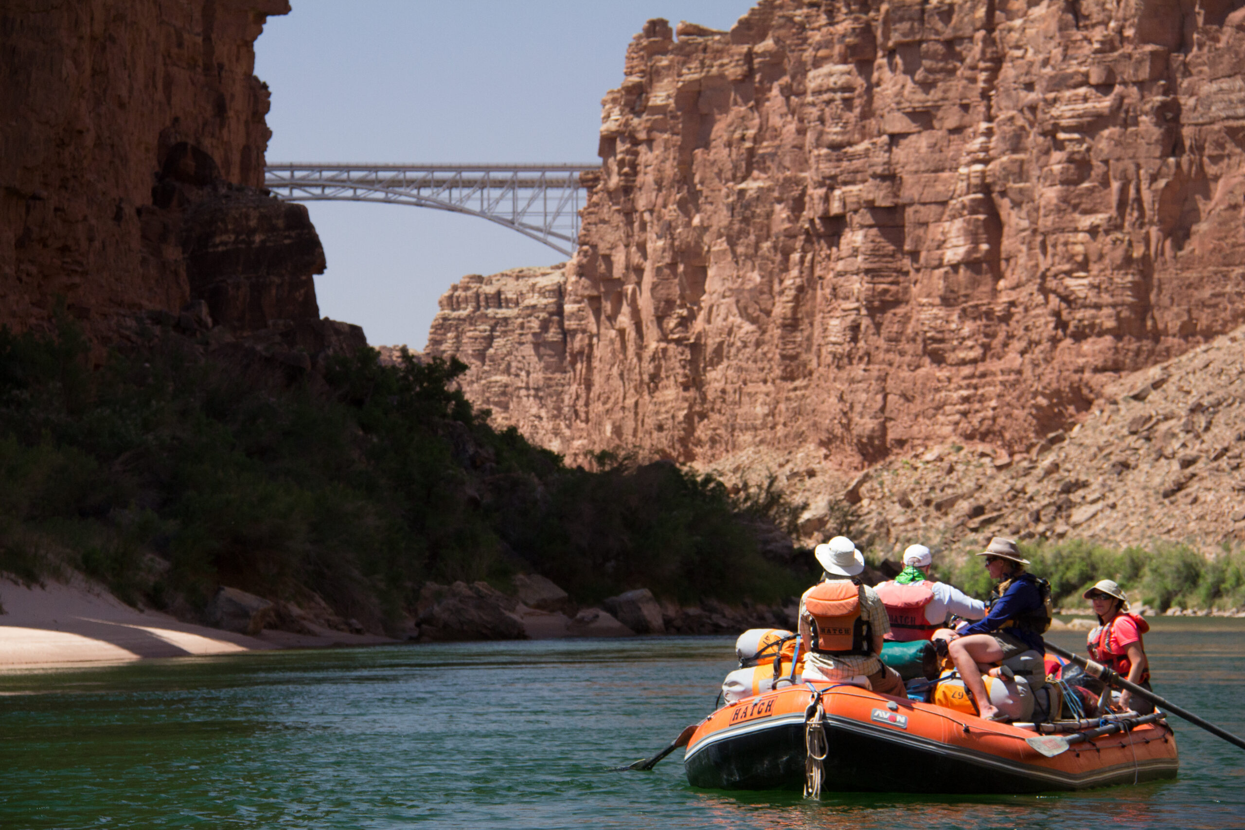 A Hatch oar powered raft travels through the Grand Canyon. Photo credit: Bob Golden.