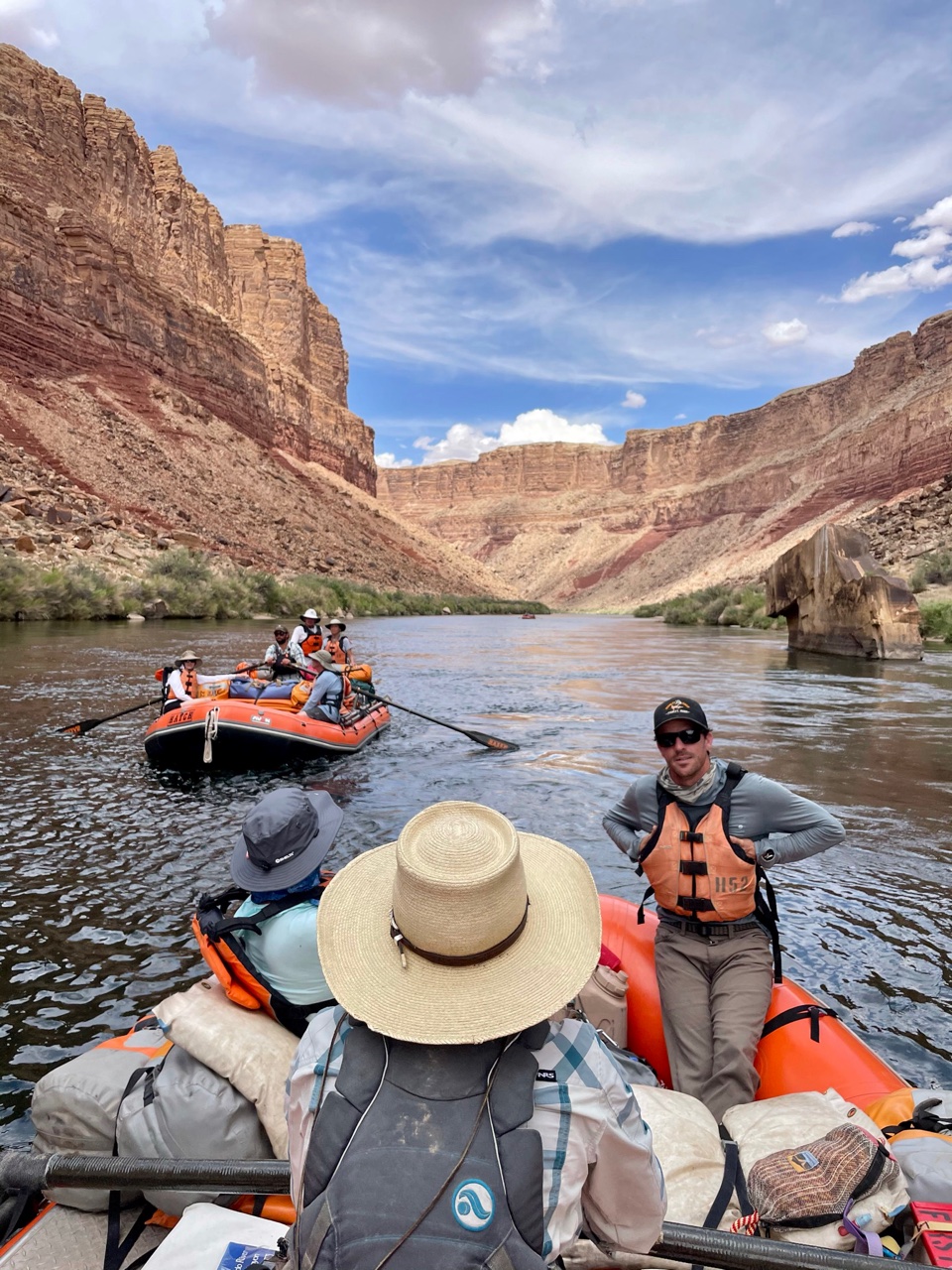A view of one oar boat from another on a Grand Canyon river trip. Photo credit: Hugh Bailey.